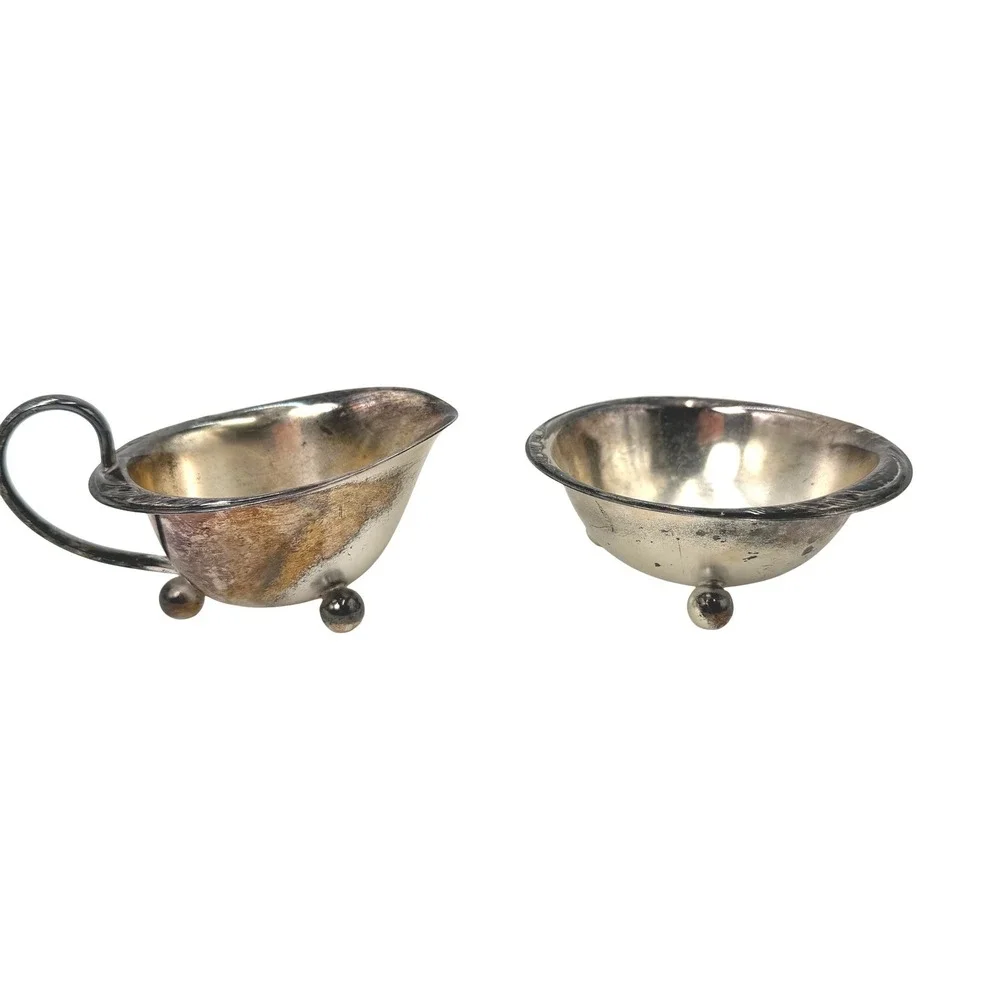 Vintage Silverplate Footed‎ Creamer and Sugar Bowl Set Floral Etched Ball Feet